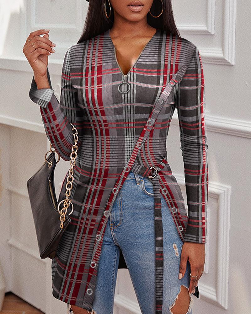 T-shirt & Tees Plaid Print Zip Front High Split Top