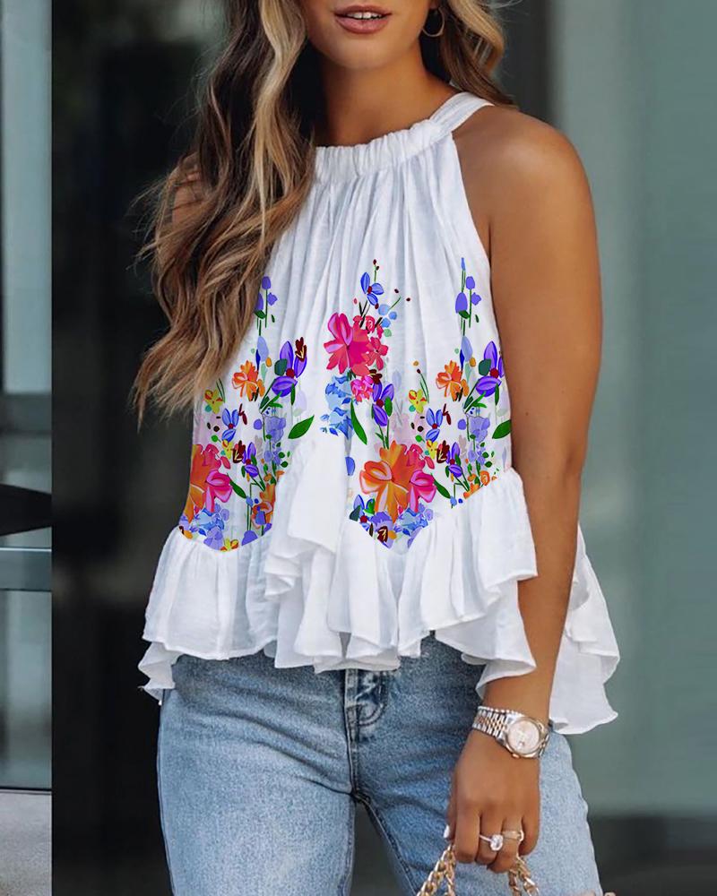 Floral Print Ruffle Hem Tank Top