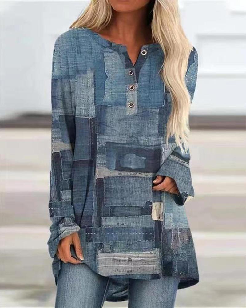 T-shirt & Tees Denim Look Print Long Sleeve Casual Top