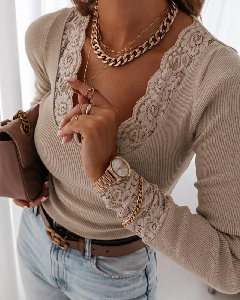 T-shirt & Tees  ChicMe Lace Trim Long Sleeve Top