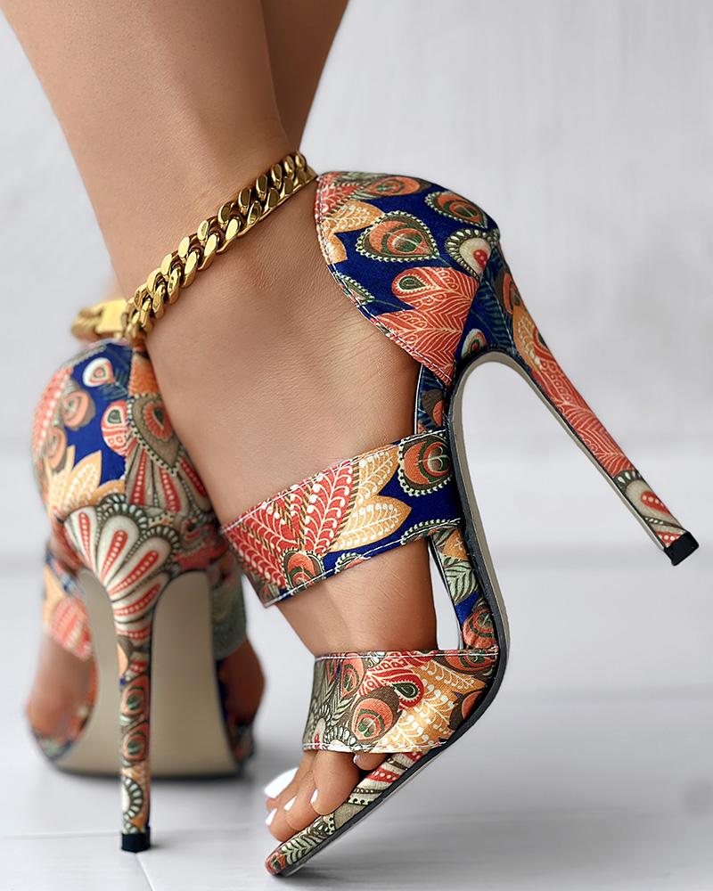 Peacock Feather Print Double Band Stiletto Heels