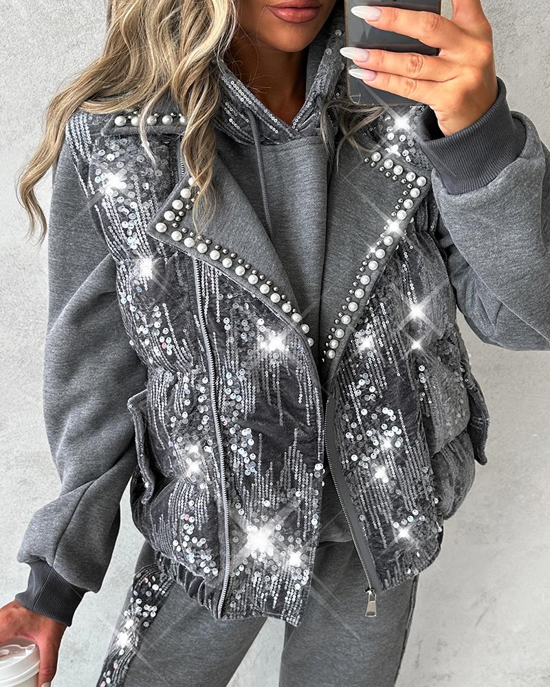 Contrast Sequin Pearls Decor Vest Puffer Coat