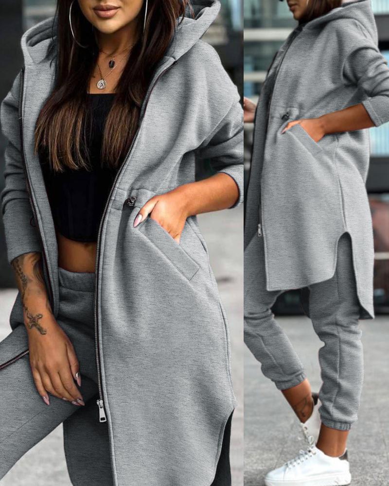 Zipper Design Longline Hooded Coat & Cuffed Pants Set