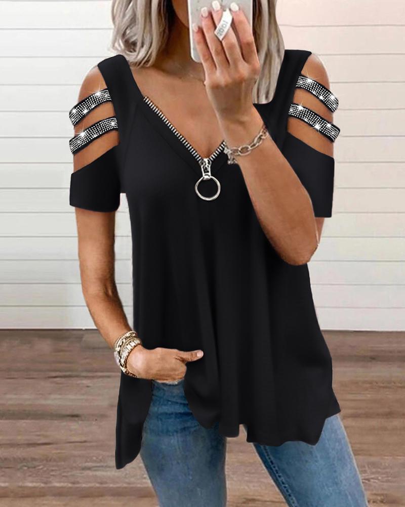 T-shirt & Tees Rhinestone Zipper Design Cutout Sleeve Top