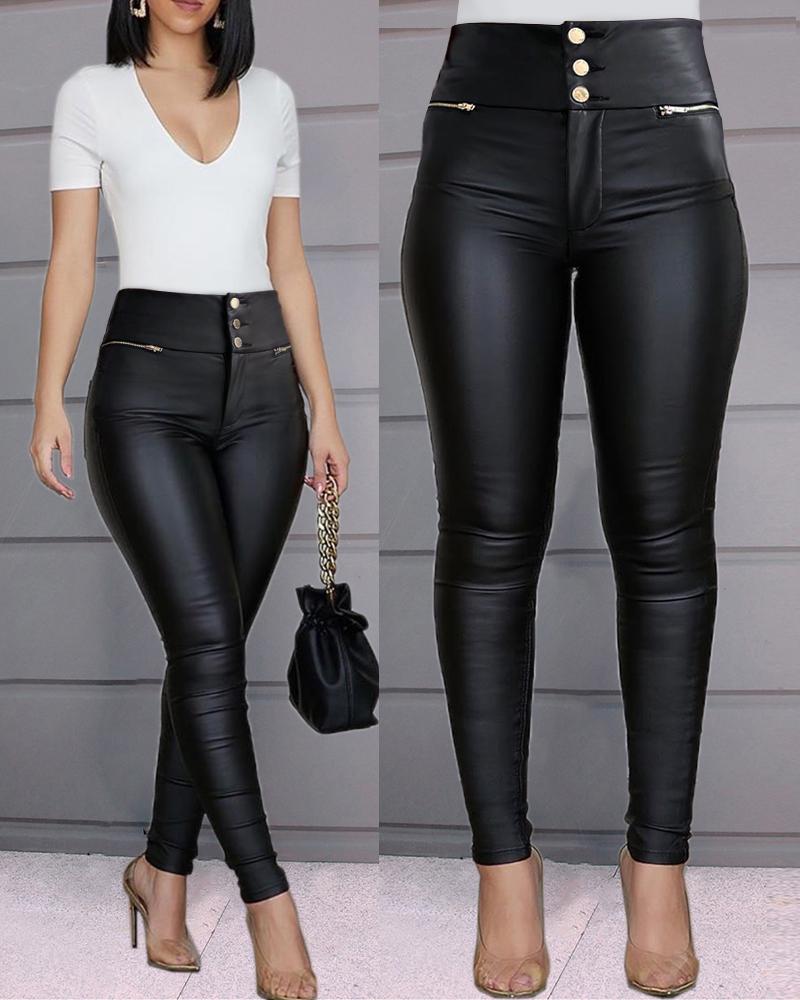 PU Leather High Waist Zipper Design Pants