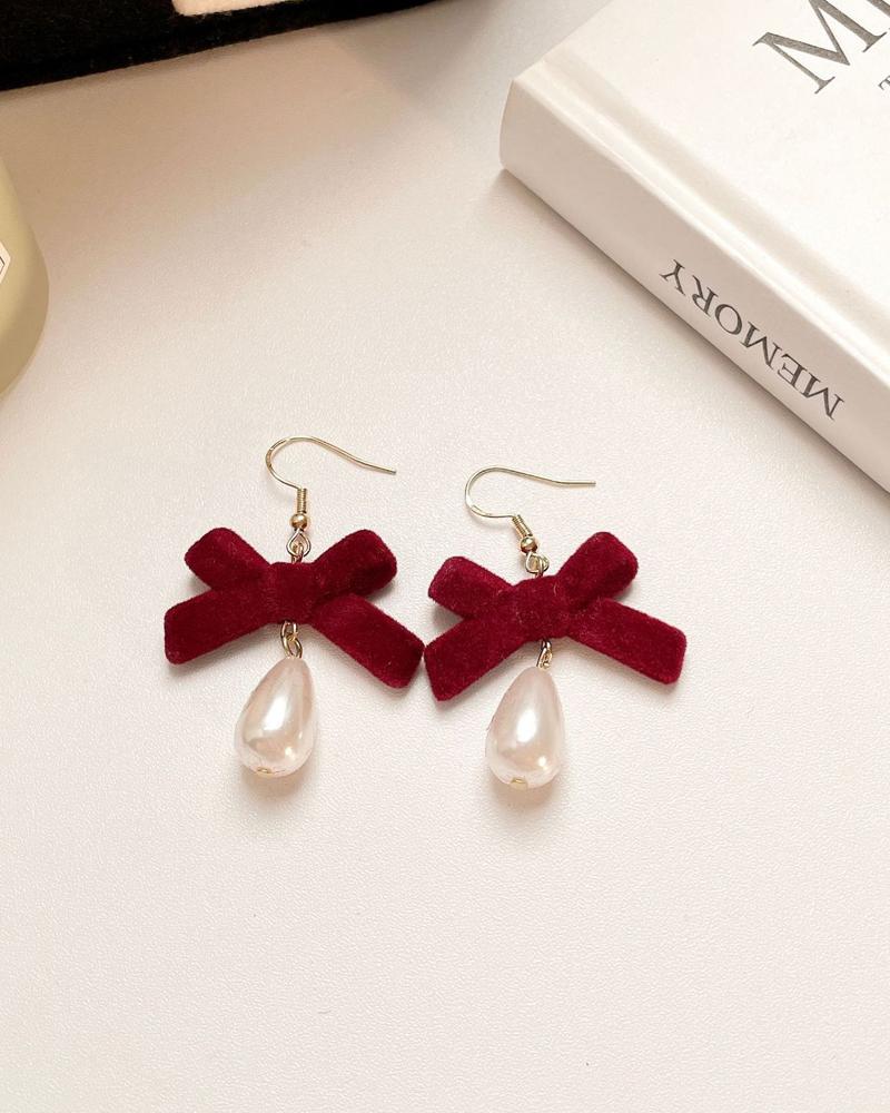 1Pair Christmas Pearl Flocked Bowknot Decor Drop Earrings