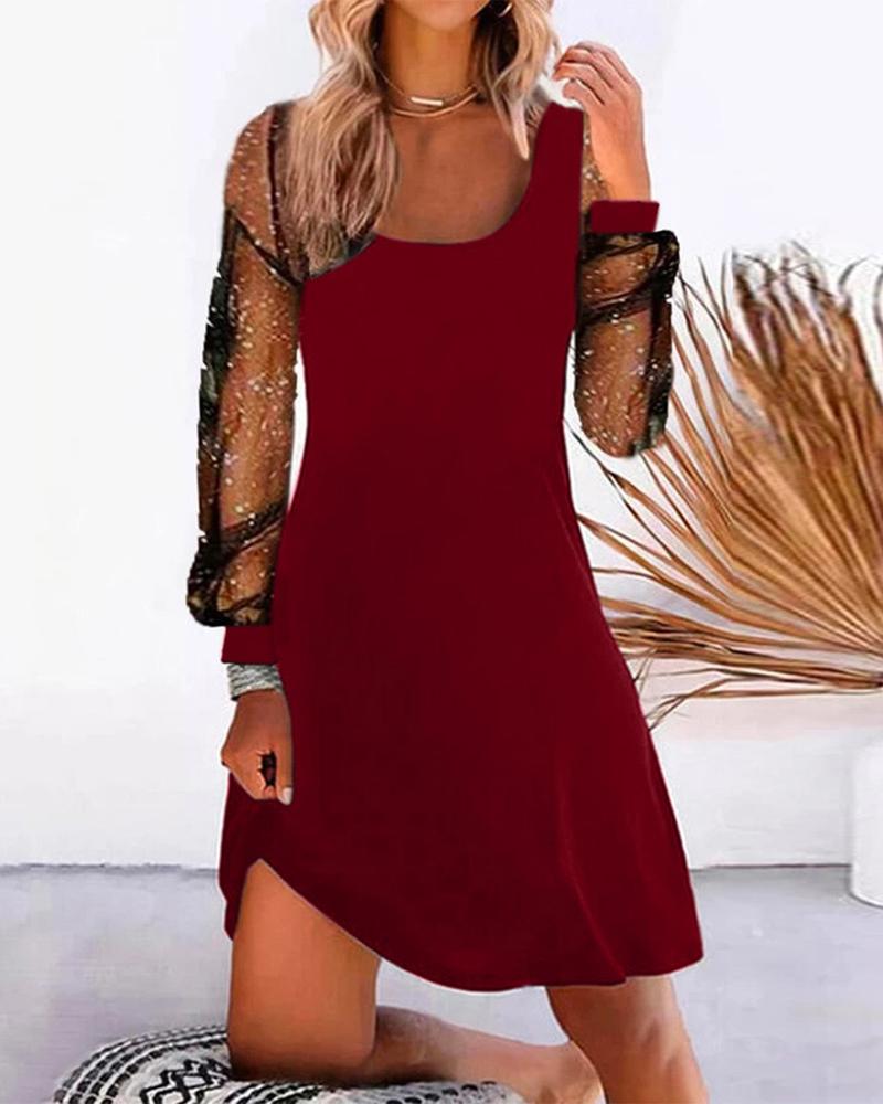 Contrast Mesh Long Sleeve Casual Dress