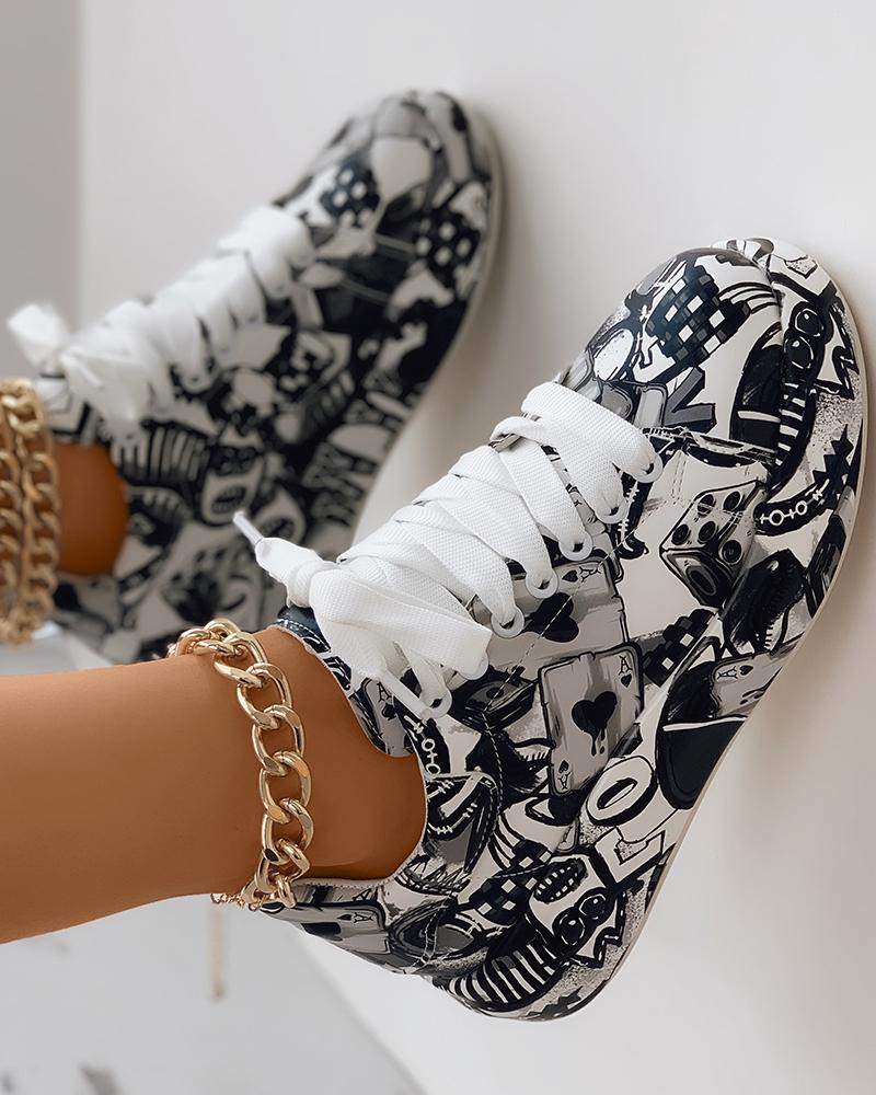 Lace-up Front Painting Print Platform Sneakers