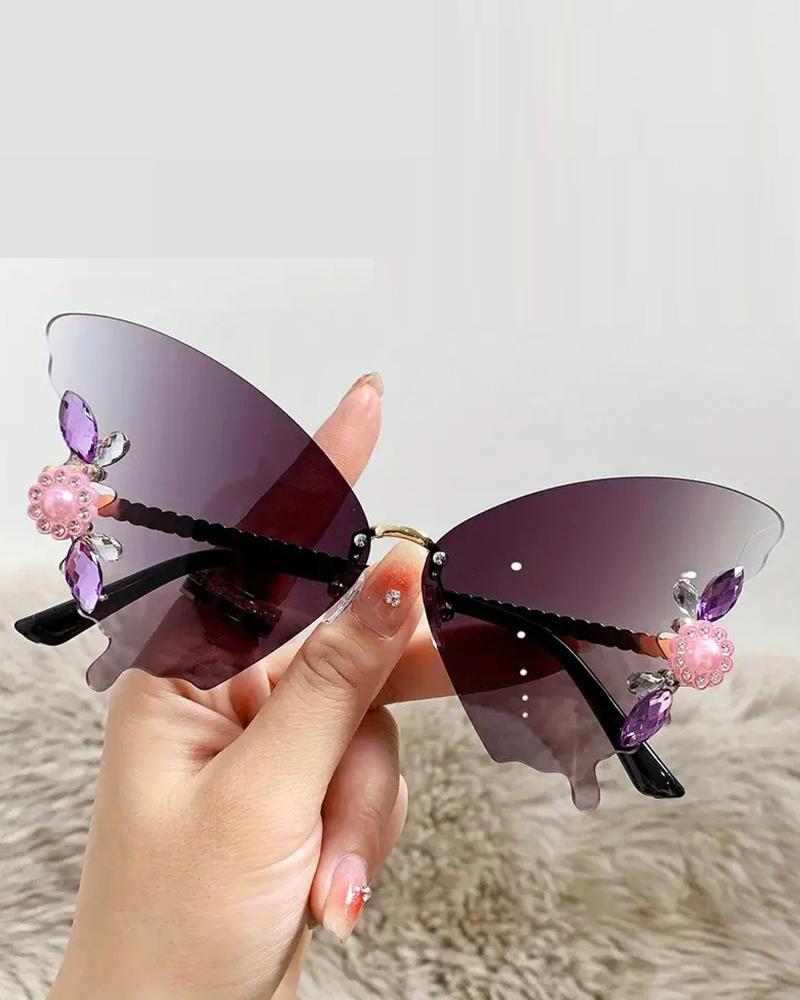1Pair Rhinestone Butterfly Shaped Rimless Sunglasses
