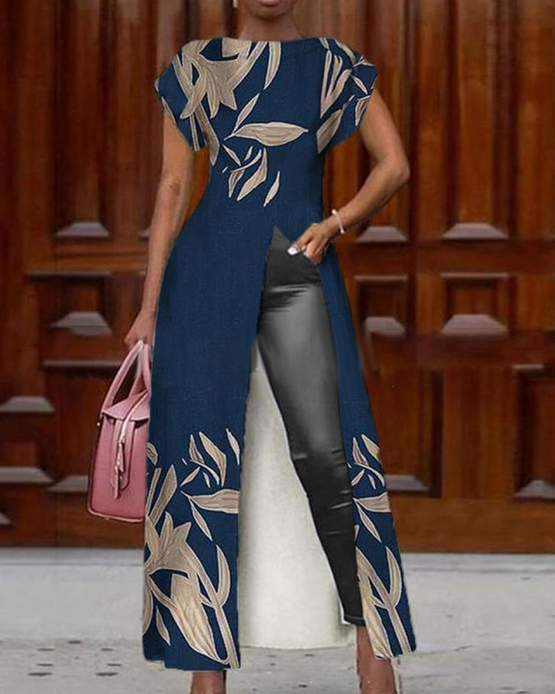 Butterfly Plants Print High Slit Maxi Dress