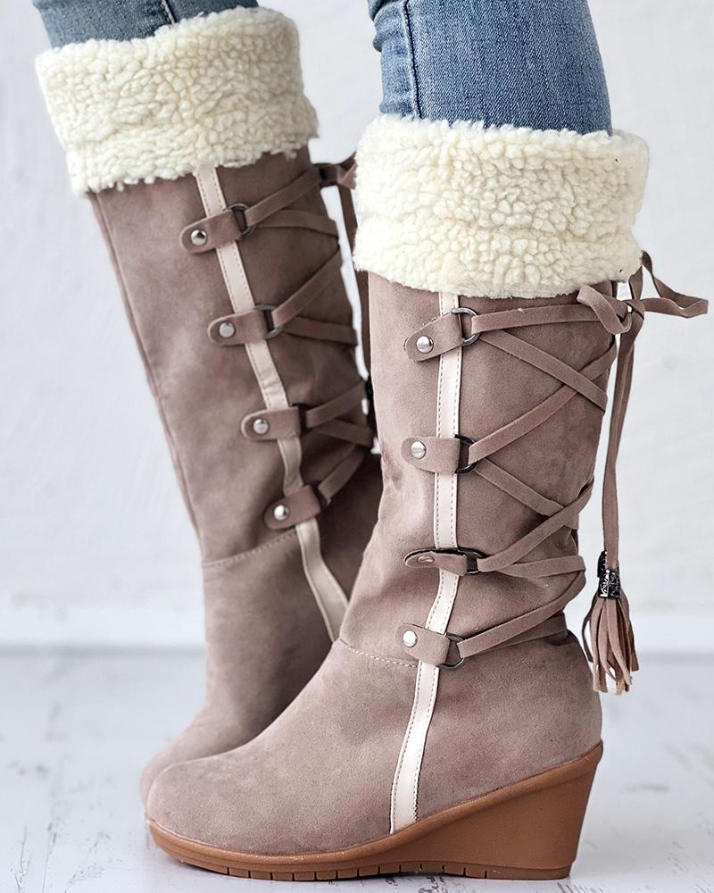 Fuzzy Detail Lace-up Tassel Design Wedge Calf Boots