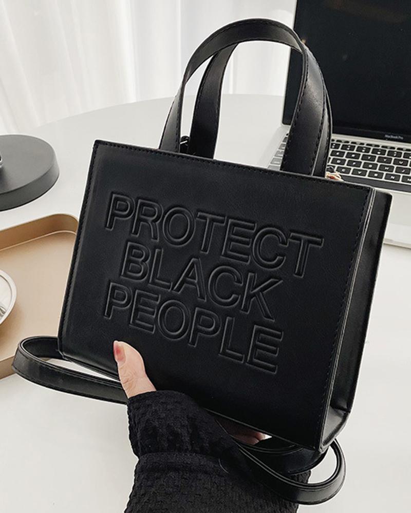 Letter Embossed Top Handle Crossbody Tote Bag