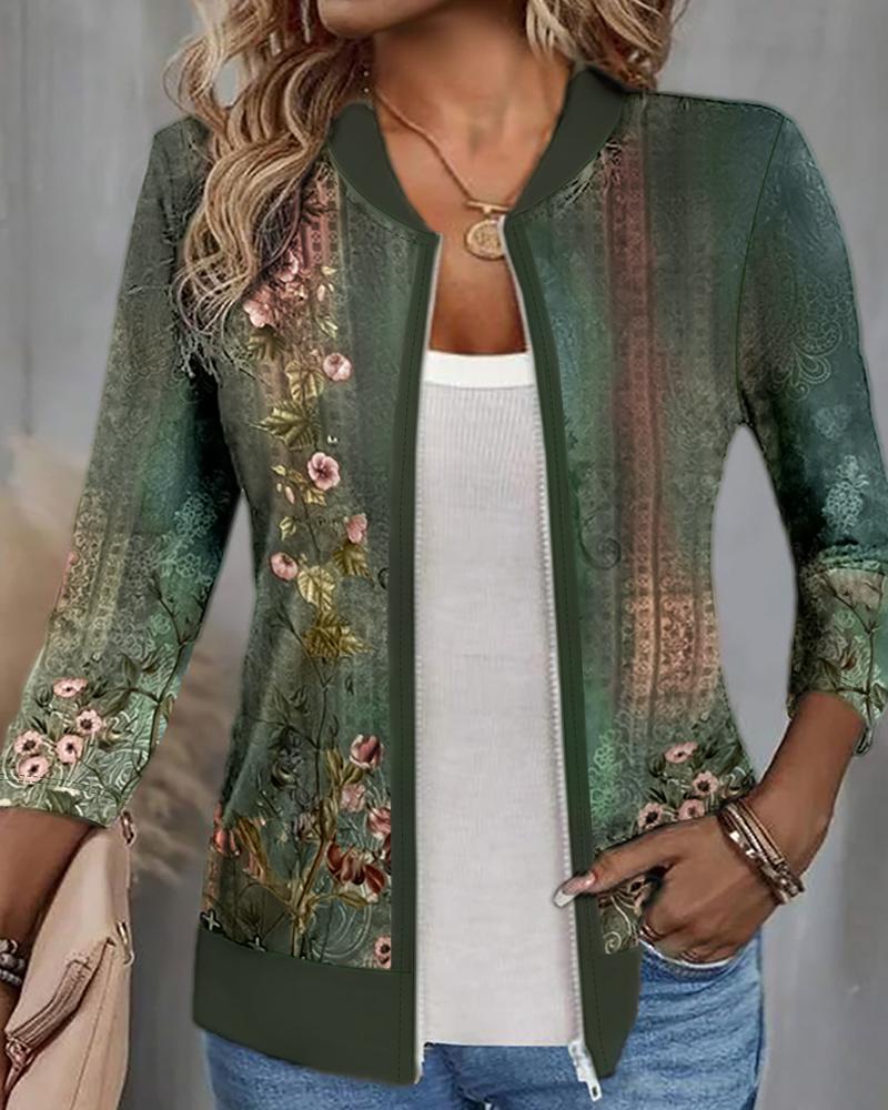 Floral Tribal Print Zipper Design Jacket