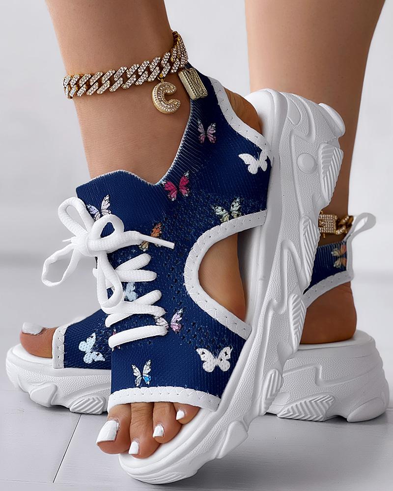 Floral Print Lace-up Hollow Out Platform Wedge Sandals