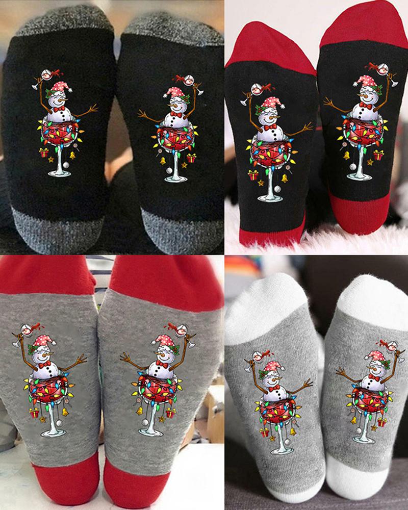 1Pair Christmas Snowman Wine Glass Print Crew Socks