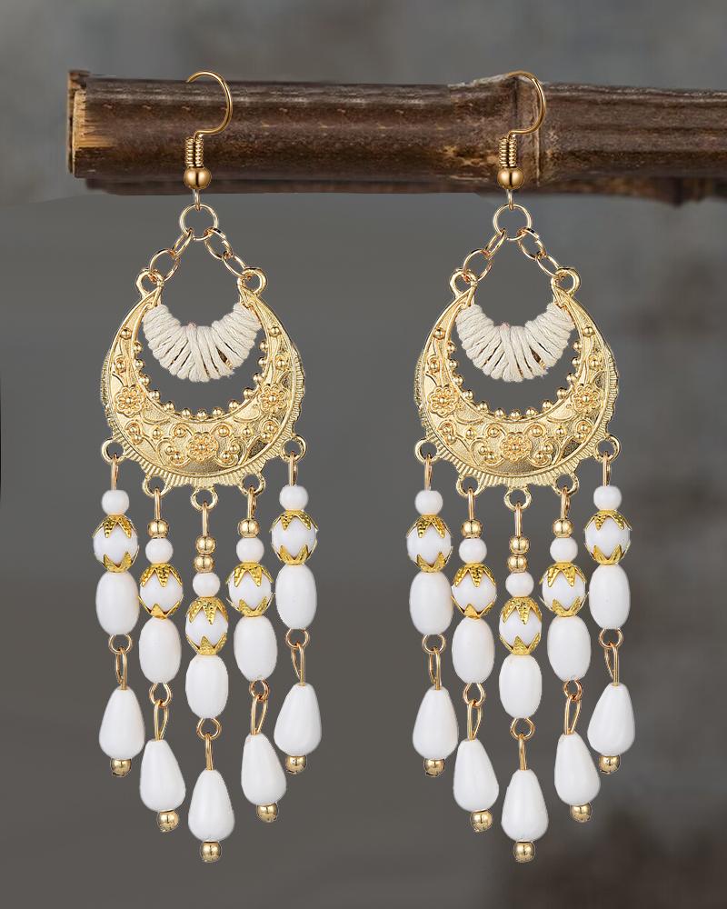 1Pair Bohemian Floral Embossed Beaded Tassel Hook Earrings