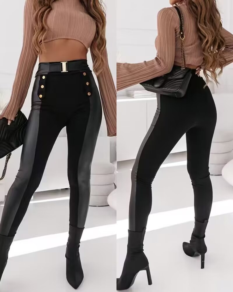 PU Leather Buttoned High Waist Pants