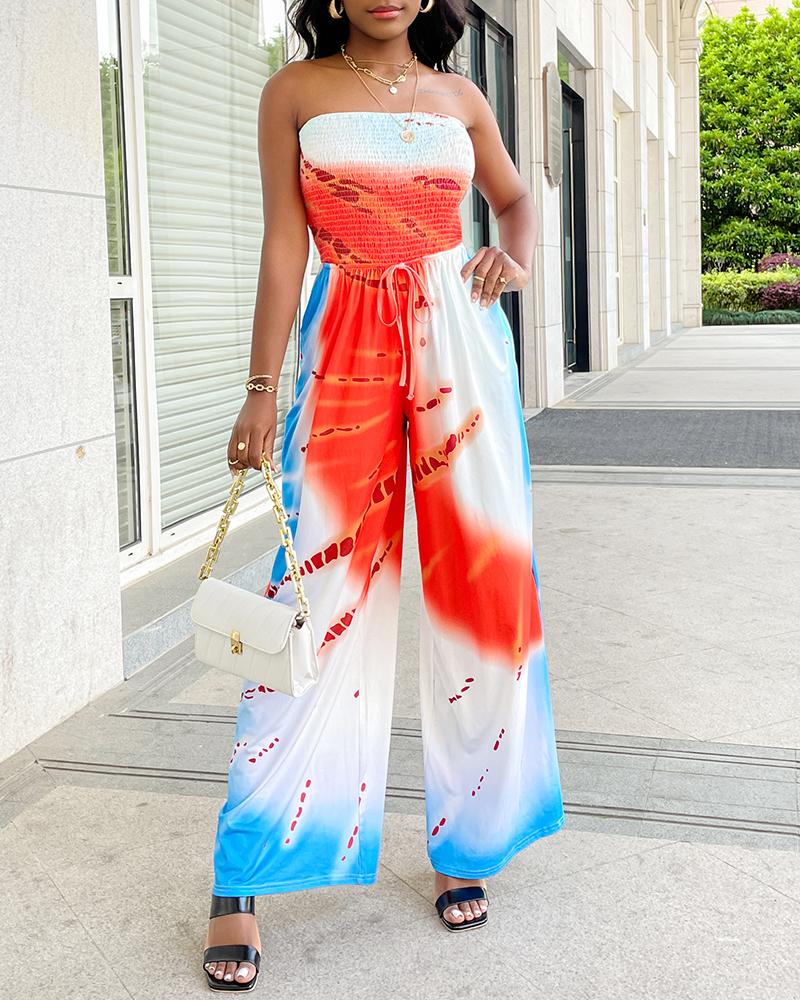 Tie Dye Print Shirred Bandeau Jumpsuit