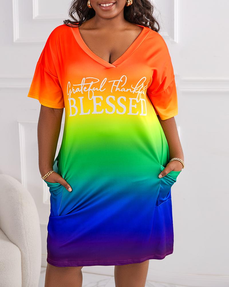 Casual Dresses Plus Size Grateful Thankful Blessed Print Ombre Casual Dress