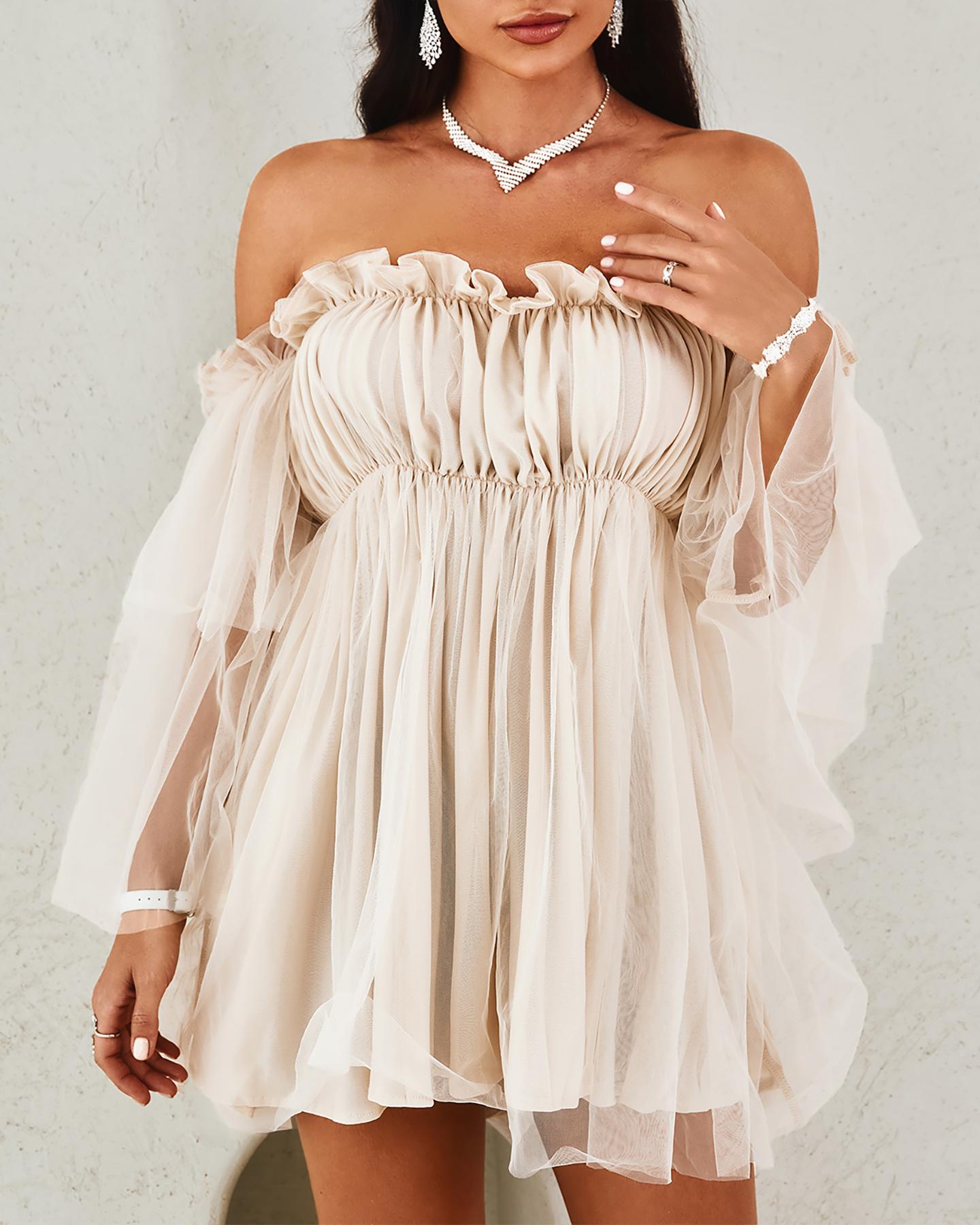 Off Shoulder Frill Trim Sheer Mesh Swing Dress