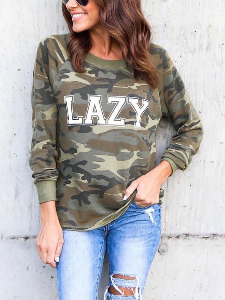 Camouflage Letter Print Long Sleeve Casual Sweatshirt