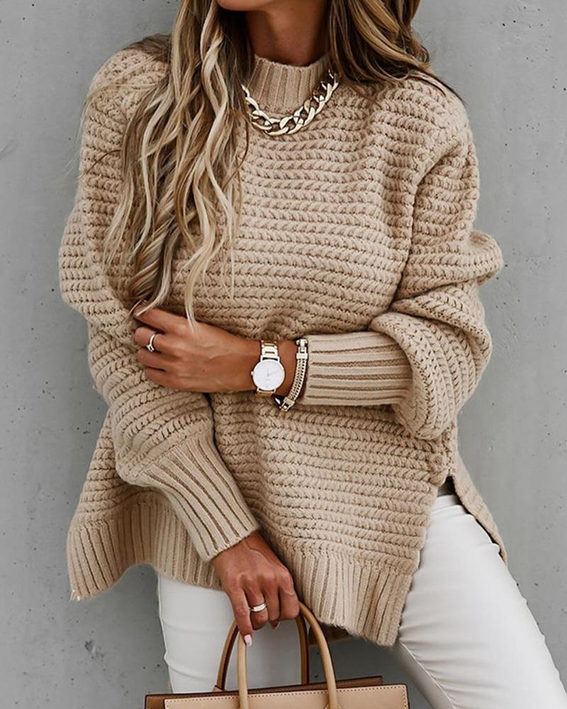 Long Sleeve Mock Neck Split Hem Sweater