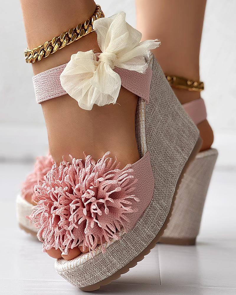 Floral Pattern Bowknot Decor Platform Wedge Sandals