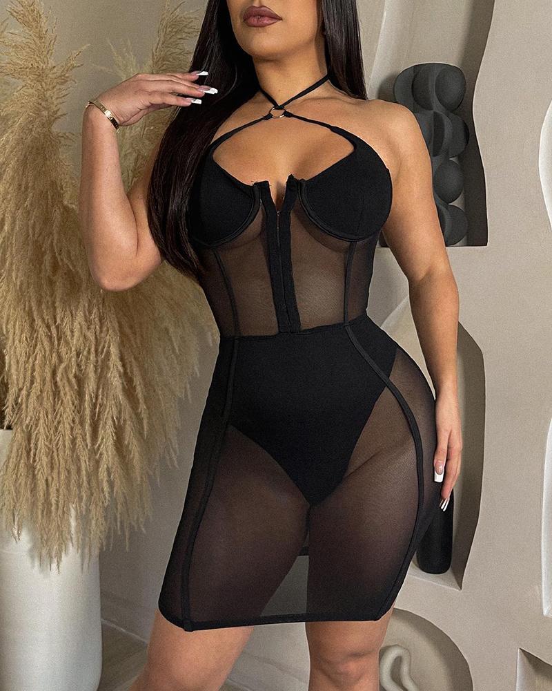 Sheer Mesh Halter Bodycon Dress