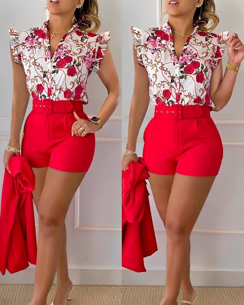 Floral Baroque Print Flutter Sleeve Top & Shorts Set