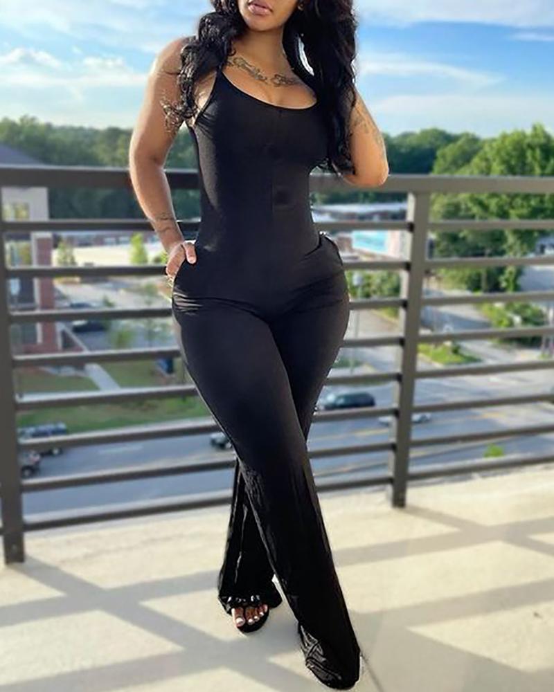 U Neck Sleeveless Pocket Design Jumpsuit