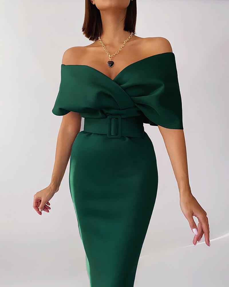 Off Shoulder Flutter Sleeve Work Dress With Belt