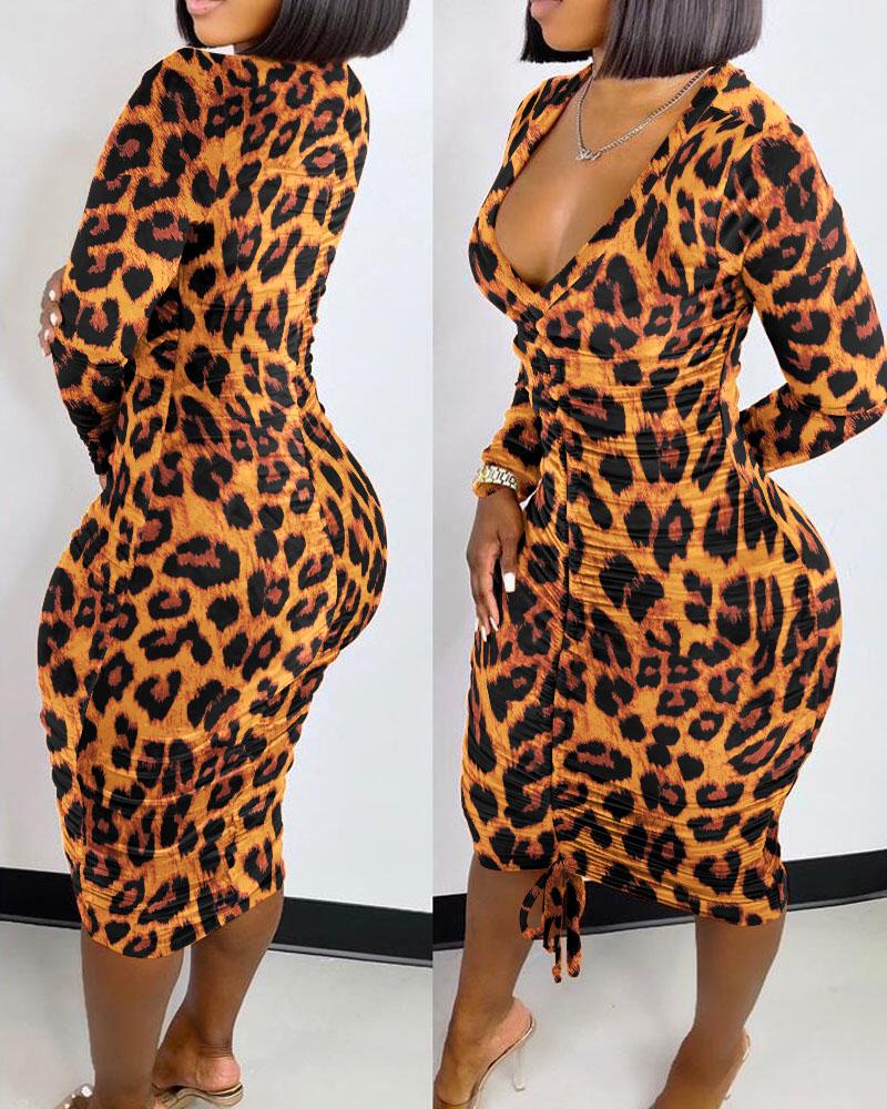 Leopard Print Drawstring Ruched Bodycon Dress