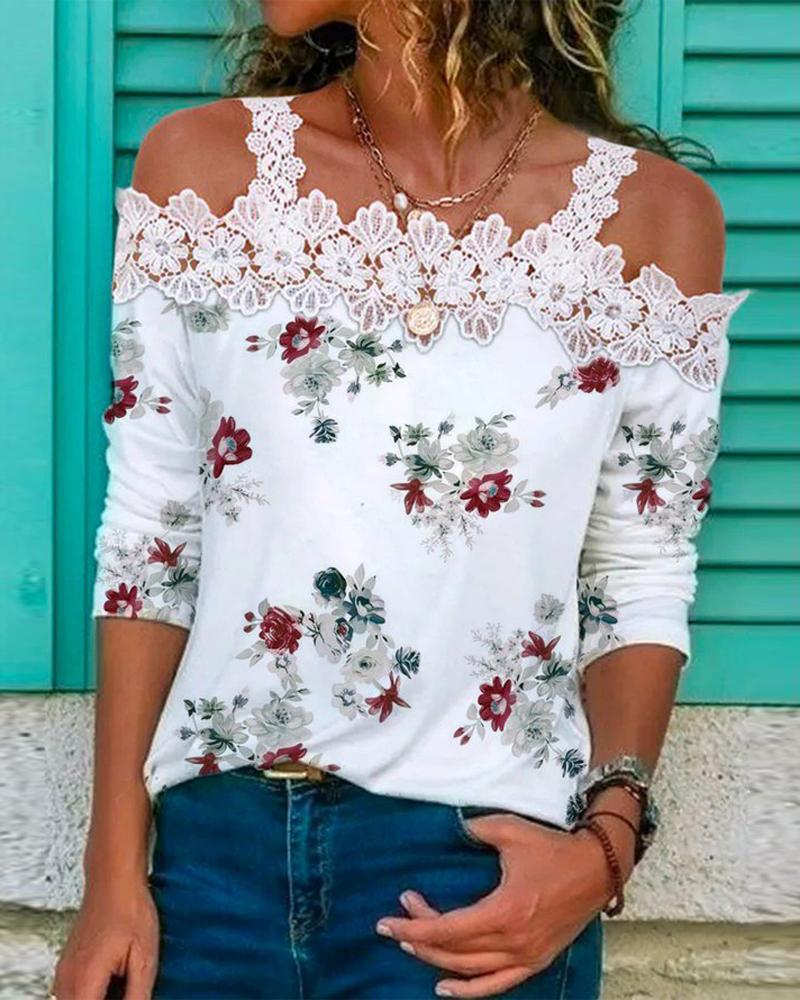 T-shirt & Tees Floral Print Contrast Lace Cold Shoulder Top