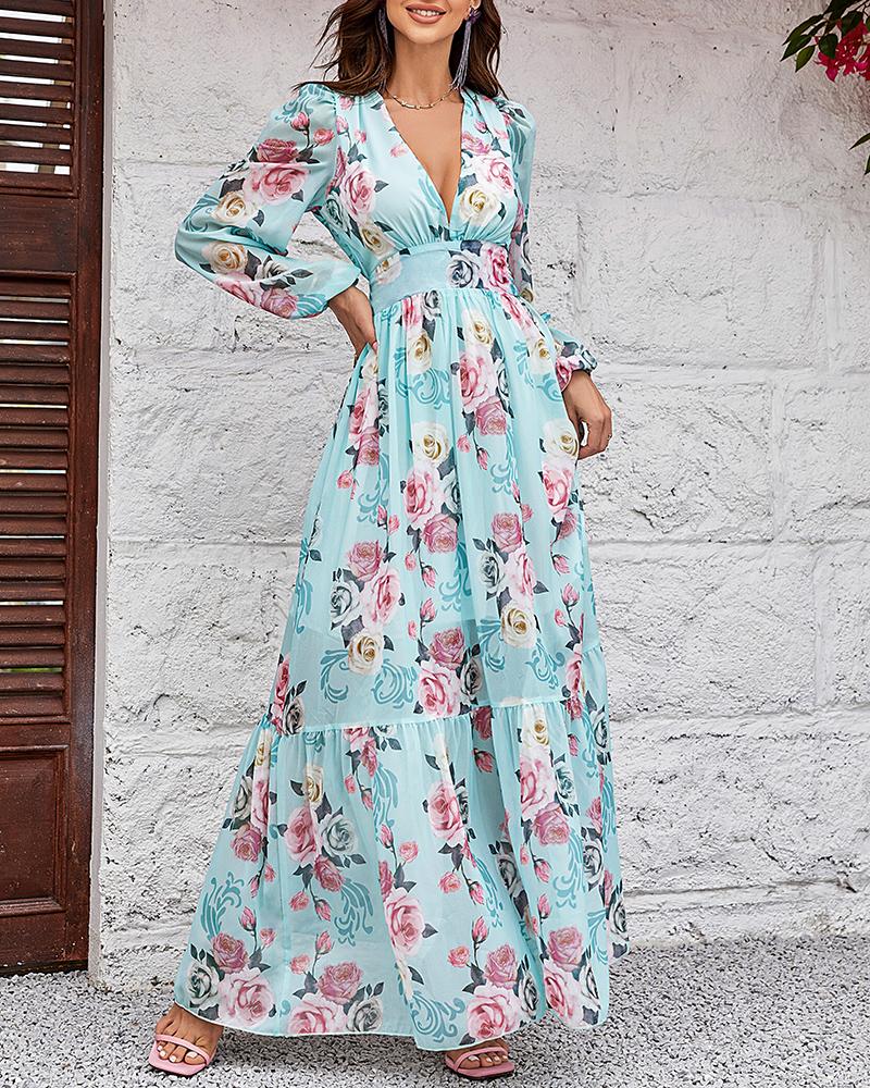 Lantern Sleeve Floral Print Maxi Dress