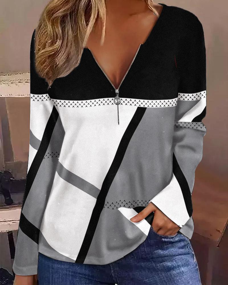 T-shirt & Tees  ChicMe Geometric Print Zip Front Long Sleeve Top