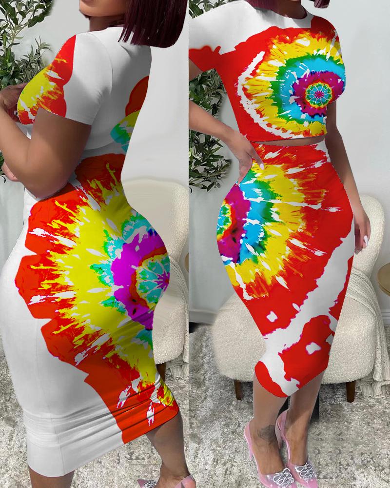 Tie Dye Print Top & High Waist Skirt Set