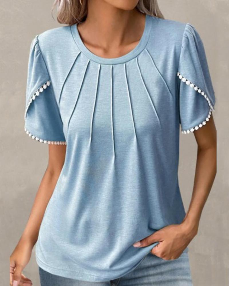 Pom Pom Ruched Round Neck Top