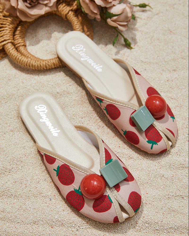 Peep Toe Fruit Print Slippers