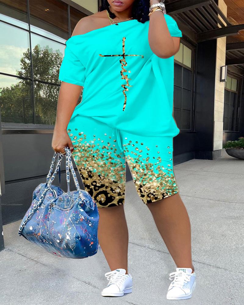 Plus Size Faith Contrast Leopard Print Skew Neck Top & Shorts Set