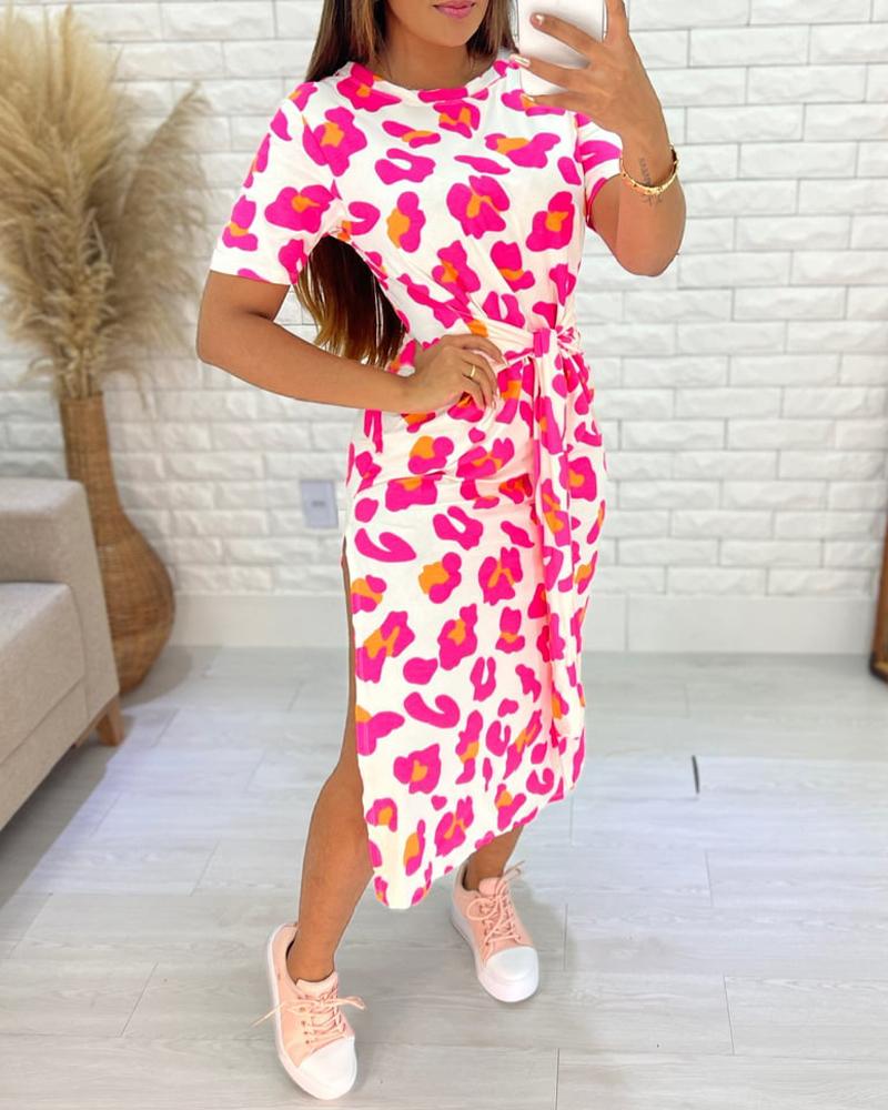 Pink Leopard Print Tied Detail Slit Casual Dress