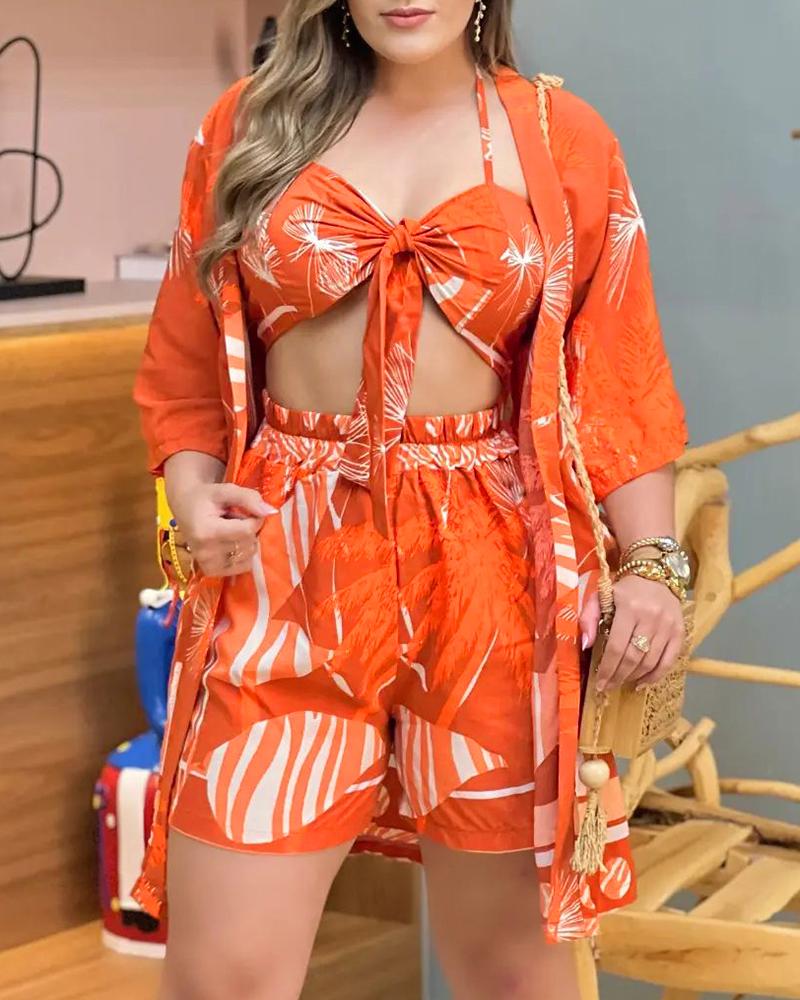 Tropical Print Top & Shorts Set With Tied Detail Bralette