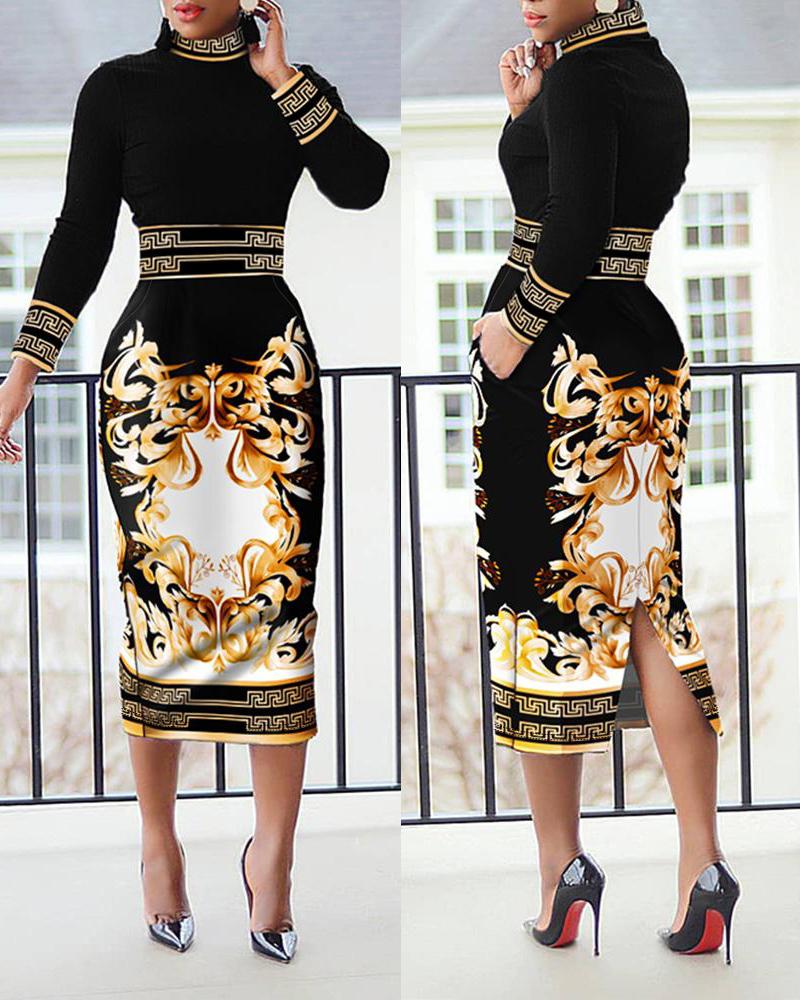 Baroque Geometric Print Long Sleeve Work Dress