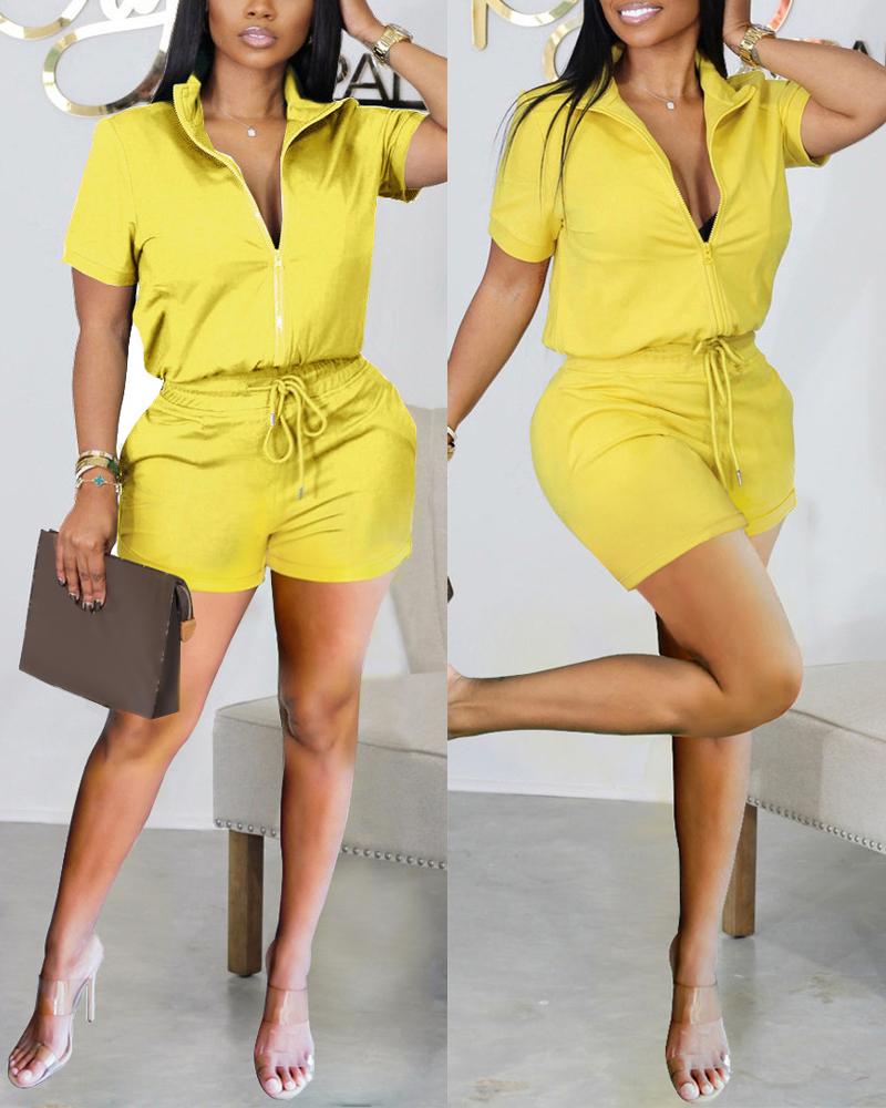 Casual Zip Up Top & Drawstring Shorts Set