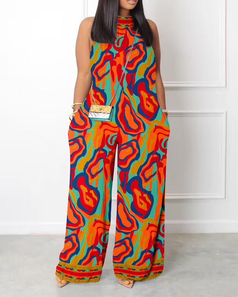 Multi-Color Abstract Print Wide Leg Jumpsuit