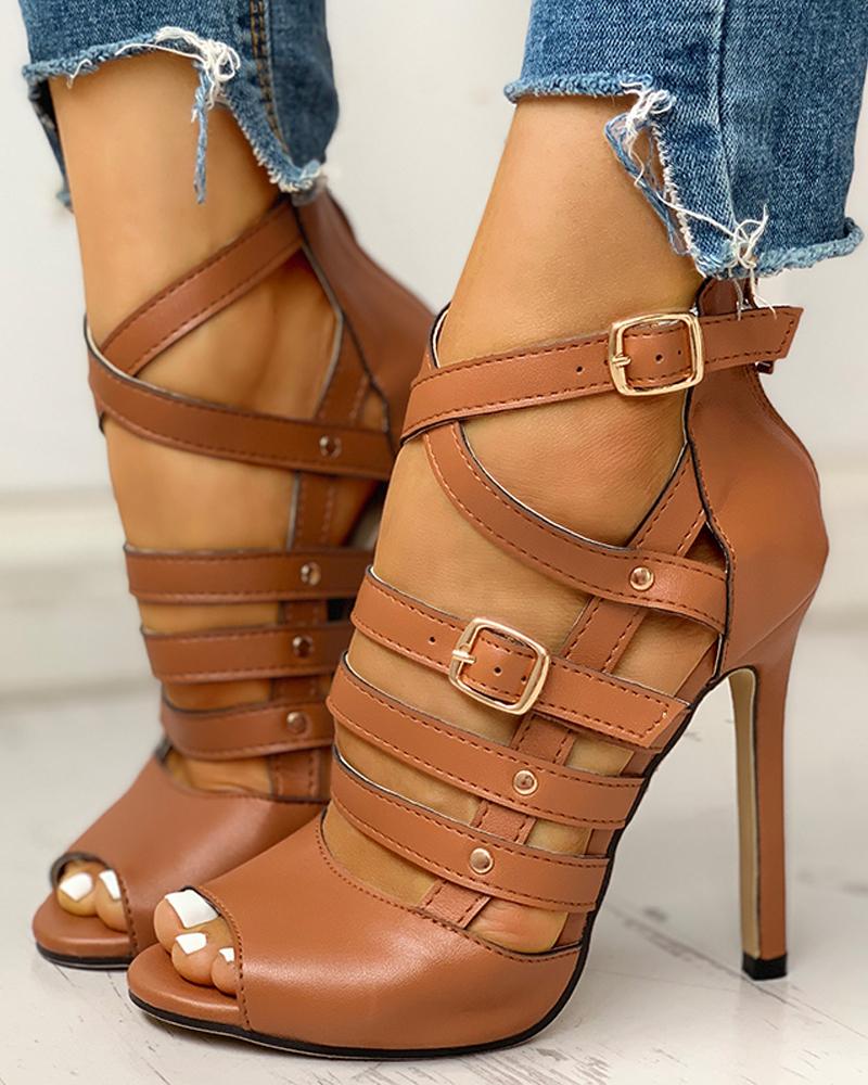 Solid Hollow Out Ankle Strap Thin Heeled Sandals