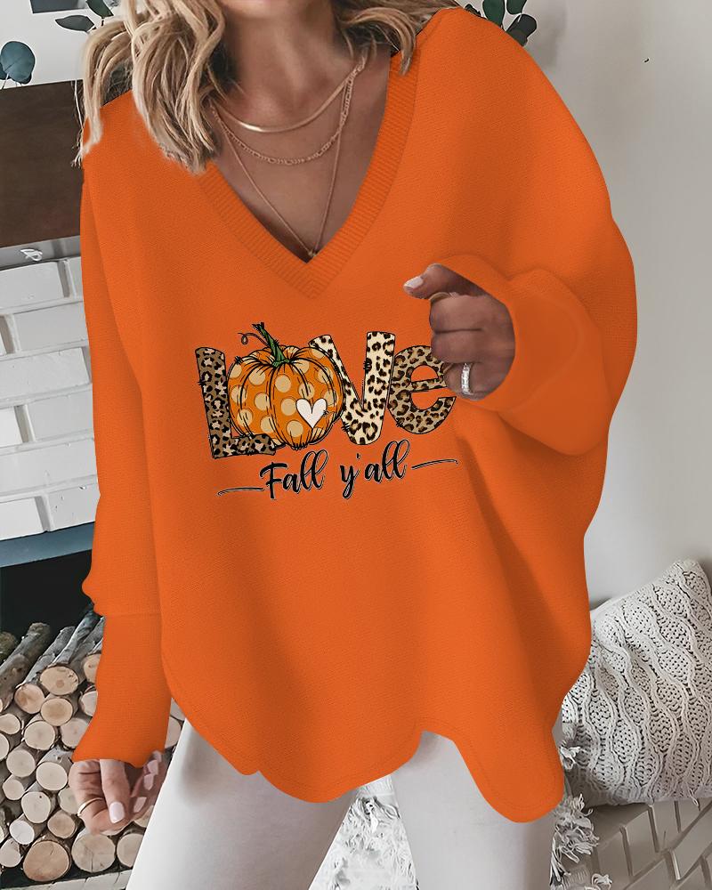 Halloween Leopard Polka Dot Pumpkin Love Letter Print V-Neck Top