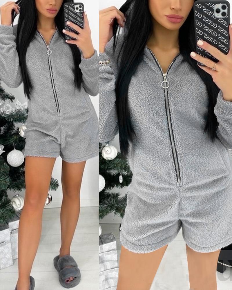 Zip Front 3D Ear Long Sleeve Lounge Romper