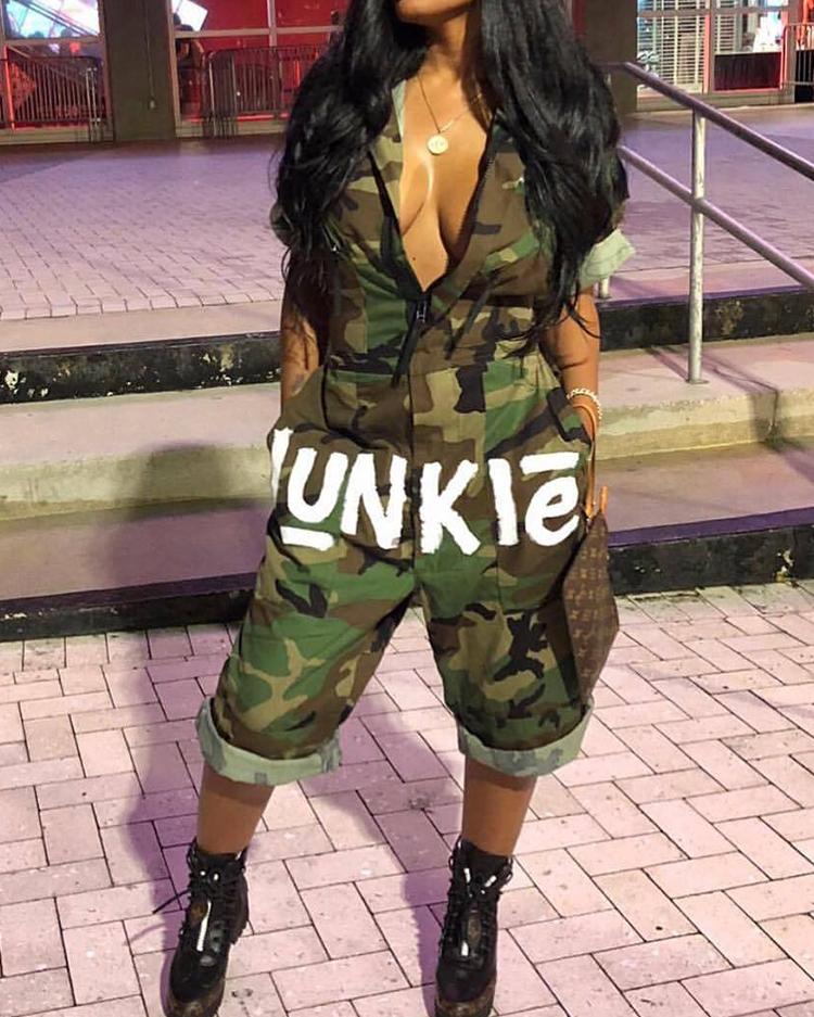 Camouflage Letter Print Zipper Casual Jumpsuit