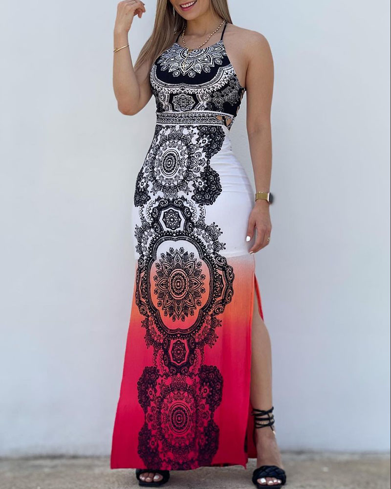 Crisscross Backless High Slit Tribal Ombre Print Dress