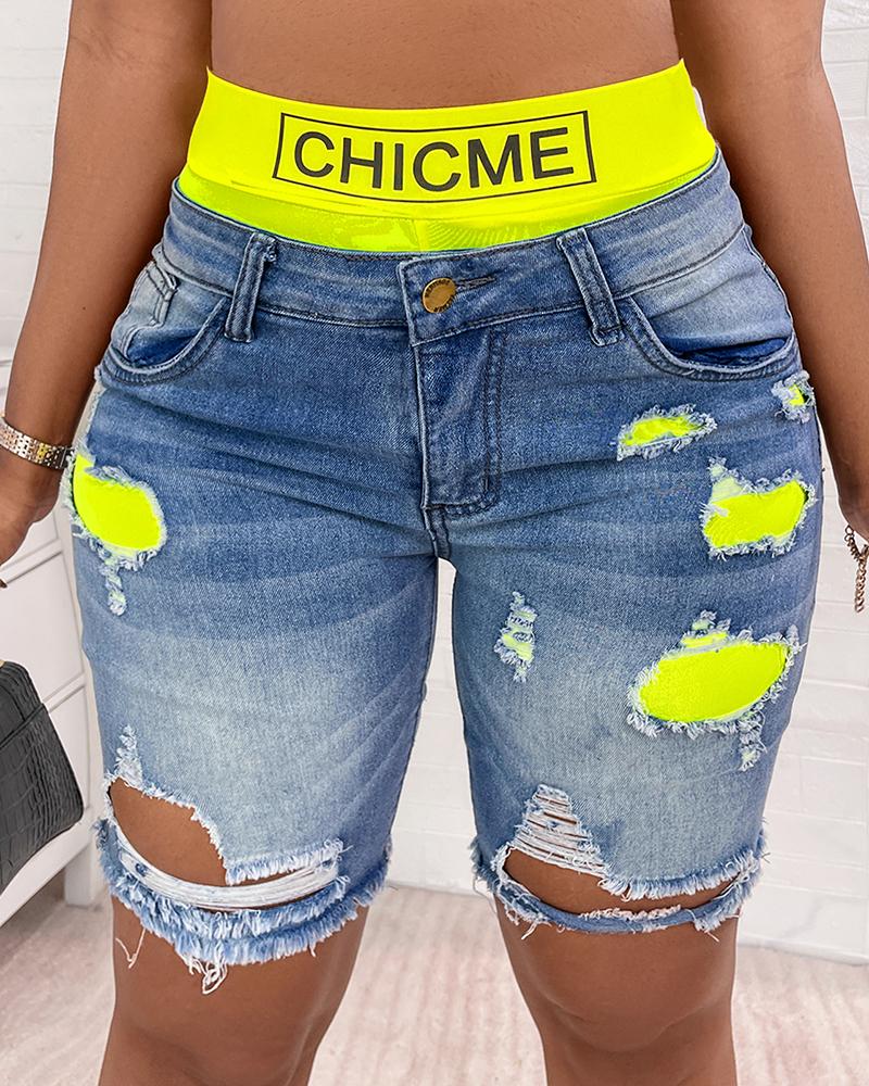 Colorblock Letter Print Ripped 2-In-1 Denim Shorts